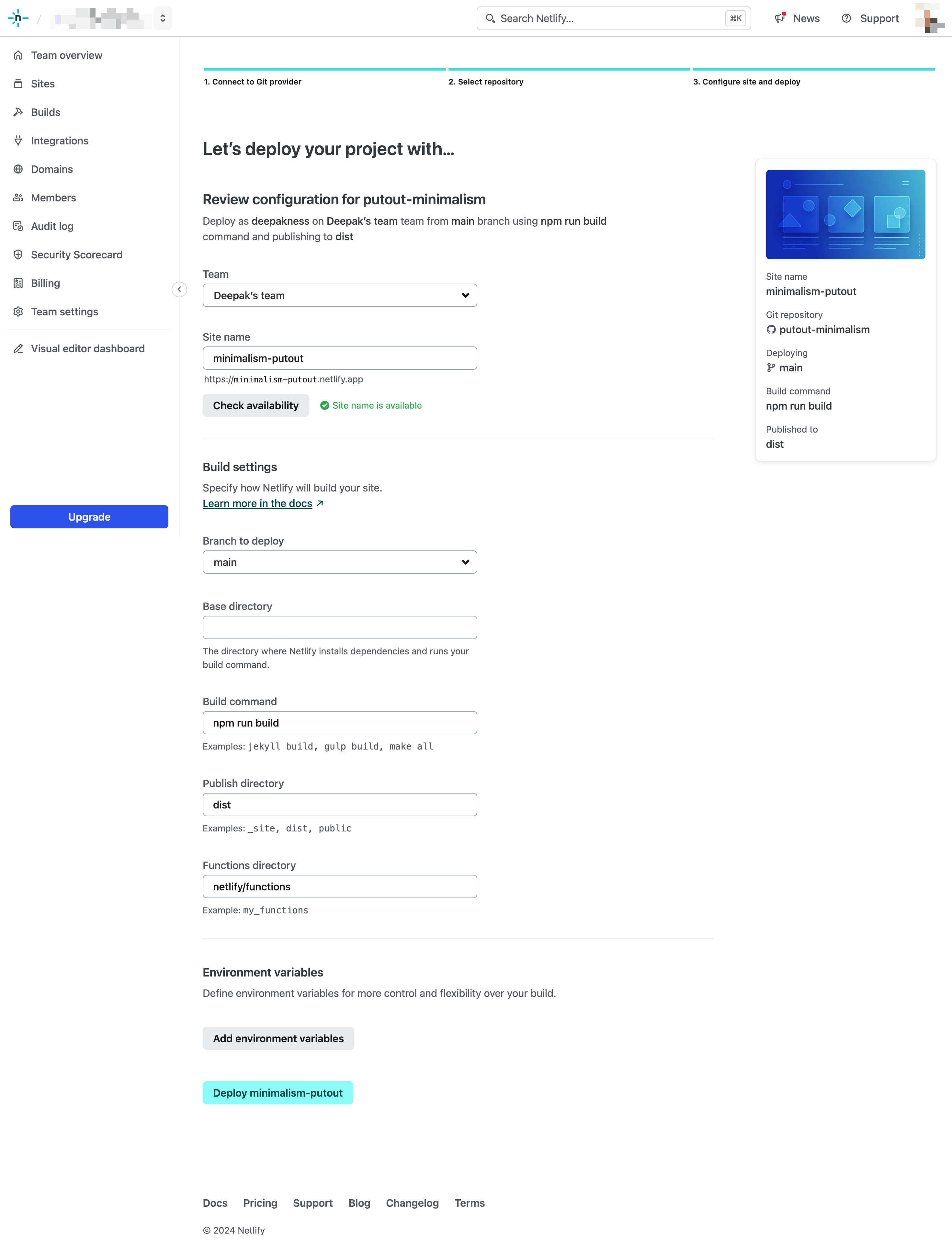 Netlify new site settings